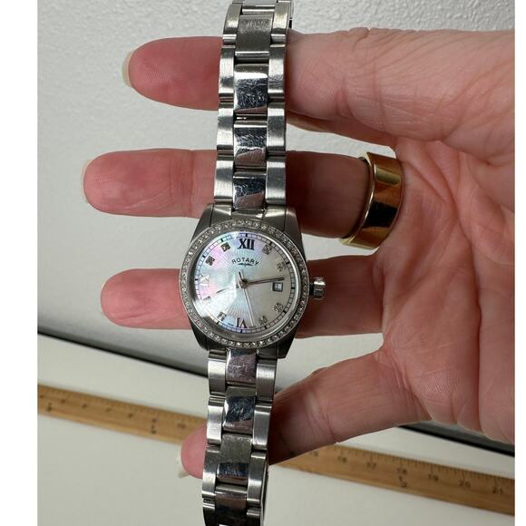 Rotary Havana Silver Diamond Bezel Pearl Face Quartz Watch - Picture 6 of 15